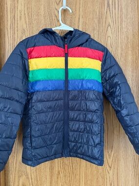Primary Navy Puffer Jacket with Rainbow Chest Stripes